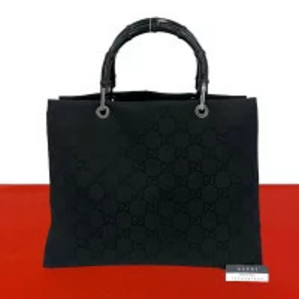 Gucci Bamboo GG Top Handle Tote Bag Canvas Leather Black